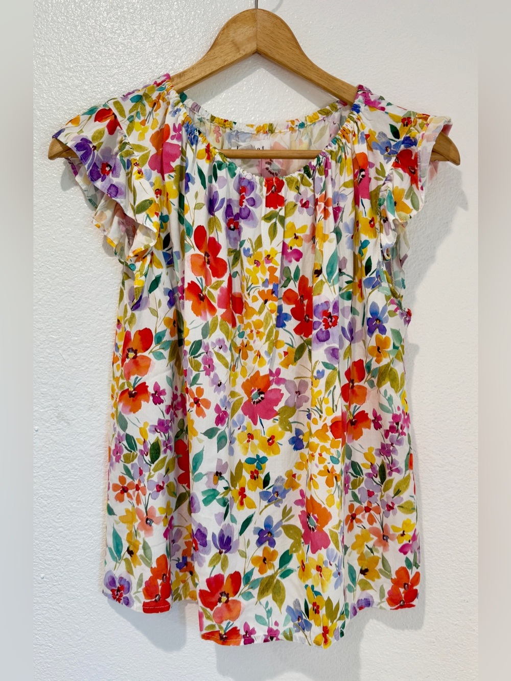 Velvet Graham Spencer White Watercolor Floral Flutter Sleeve Blouse Romantic M